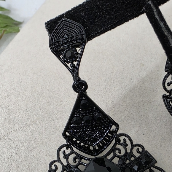 Statement Black Metal Filigree and Crystal Drop Earrings - Picture 5 of 10